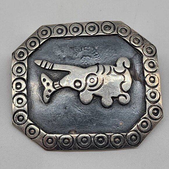 Talleres Los Ballesteros Sterling Silver Aztec Pin Brooch Octagon Shape Stamped - Picture 1 of 7